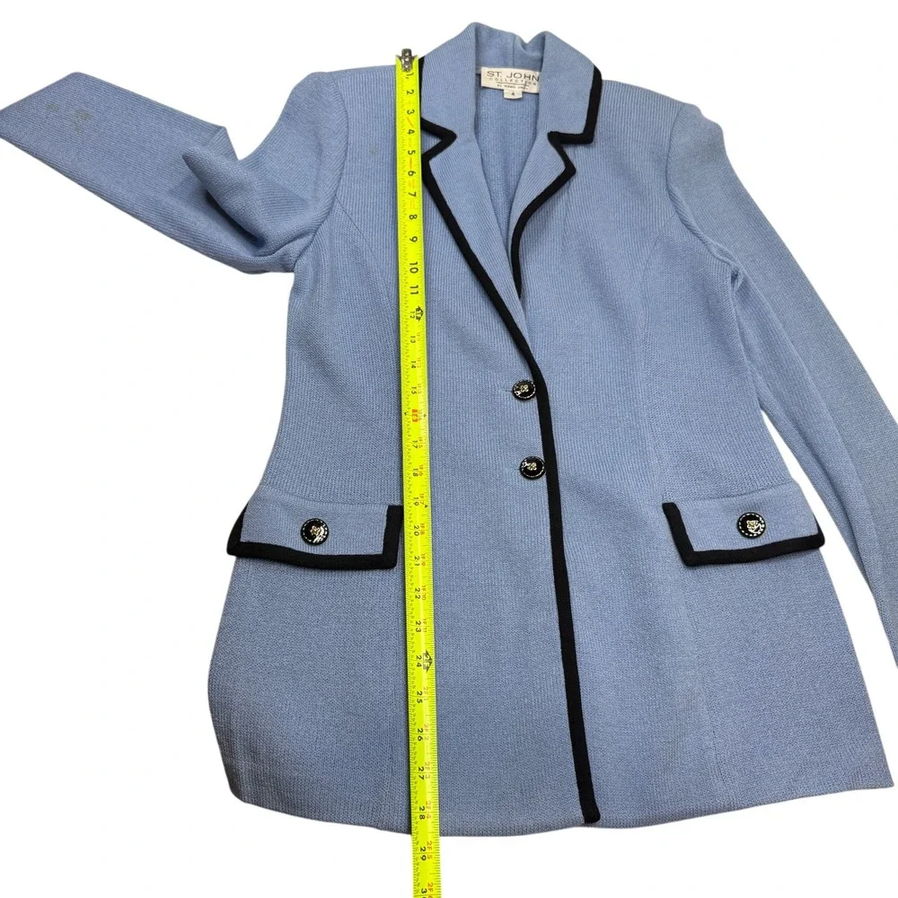 St. John Collection Knit Blazer‎ Women 4 Blue Black Trim Santana Longline Jacket